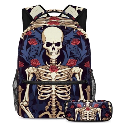 Sac à dos avec trousse Art Roses Skull grand format pour étudiants