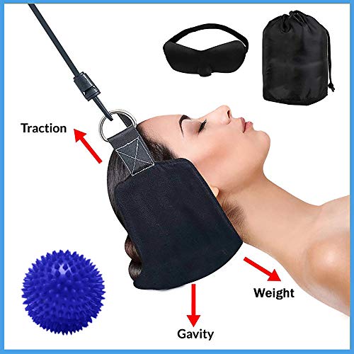 ProNeck Traction, Improved Head Hammock/Cervical Neck Traction. Plus Spiky Ball Massager & 3D Eye Mask - Great Relaxation Gift