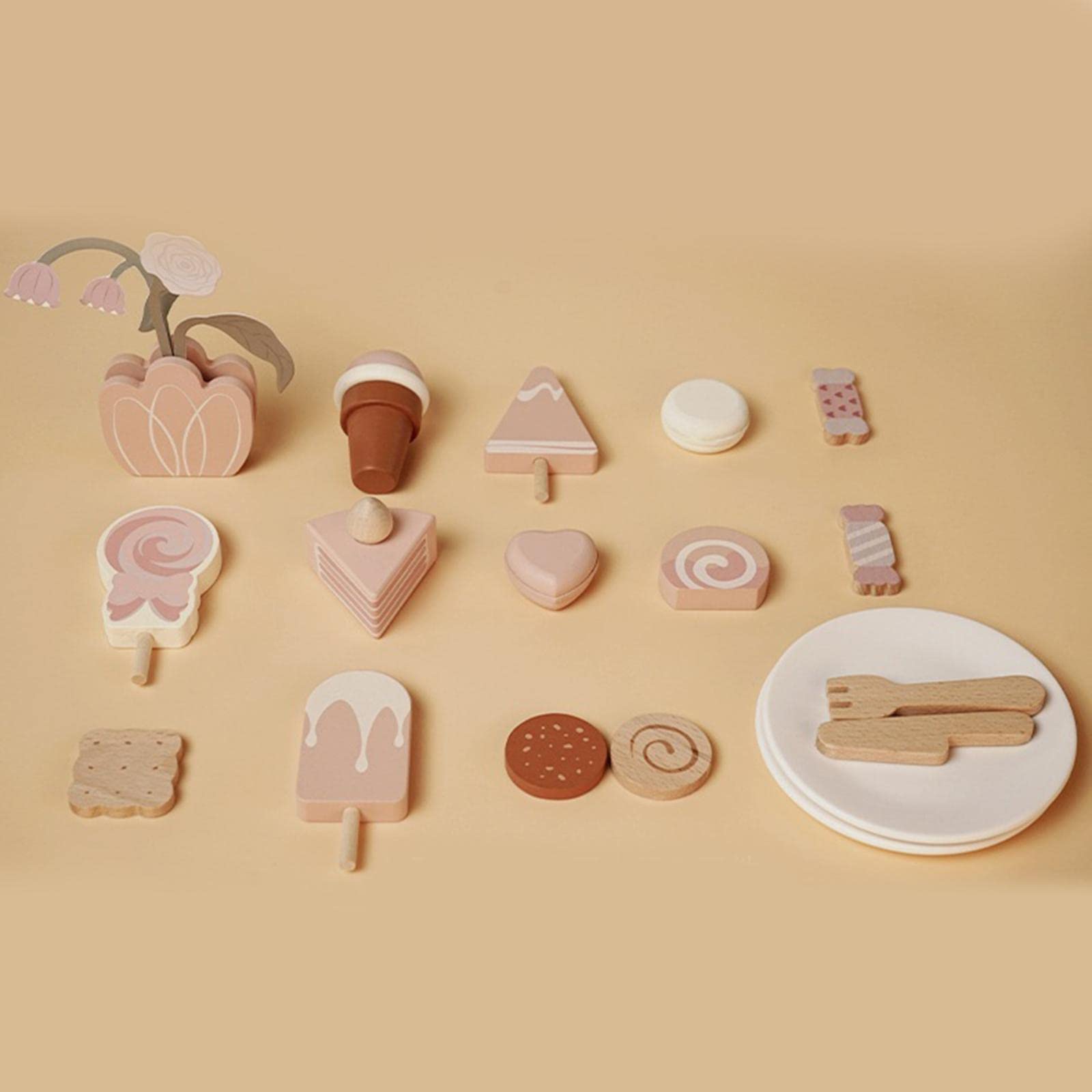 Set da tè per Bambine Cucina Giocattolo Accessori Legno Simulato Pasticceria Mini Dolci Gioco Fantasia Stimolante Adatto a Regali Decorazione, Set di Gelati Giocattolo