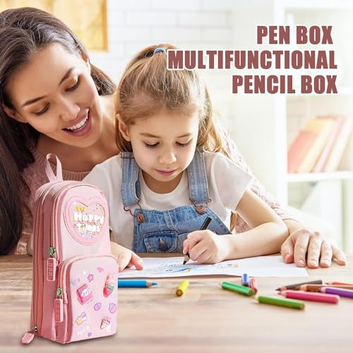 Image of Kawaii Cute 3 Compartment Pencil Case Aesthetic Pencil Case for Girls, Large Capacity Pencil Pouch Stationery Organizer for School Office Item (Pink)