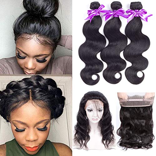 360 Lace Frontal with Bundles Brazilian Body Wave Bundles with Frontal Closure (12 14 16 +12) 100% Unprocessed Brazilian Virgin Hair 3 Bundles with Frontal Closure