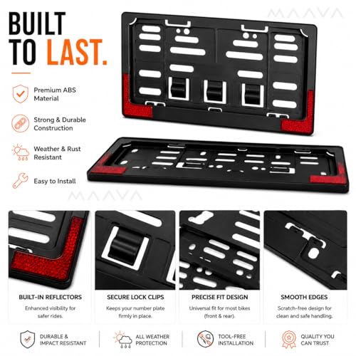 Image of Universal Bike Number Plate Frame with Reflector | Front (30 x 6.8 cm) & Rear (22.5 x 13 cm) ABS Number Plate Holder Set | Durable Registration Plate Frame for Bikes & Scooters | Universal Fit | Black