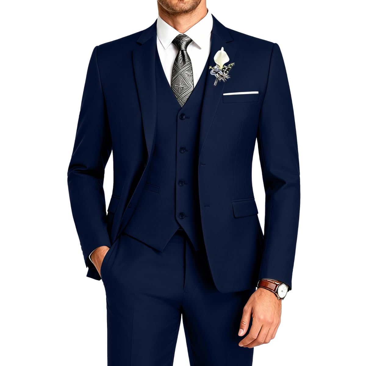 joylyjome Men's Shawl Lapel 3 Pieces Suit Slim Fit Navy Blue Dress Pants Tux Blzaer Vest & Tie for Bussiness Wedding Groomsmen Prom Suit S-picture-31