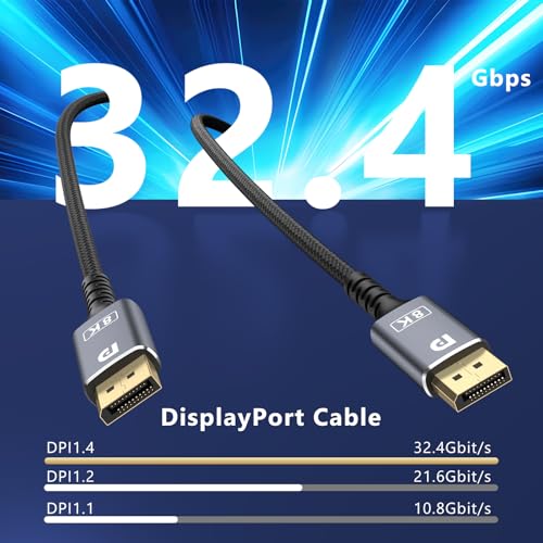 Image of Meliya Nylon DisplayPort 1.4 Cable, 32.4Gbps High-Speed, 8K@60Hz, 4K@120Hz /144Hz,2K@240Hz /165Hz, Dynamic HDR and 3D, Gold-Plated Plugs, 2m