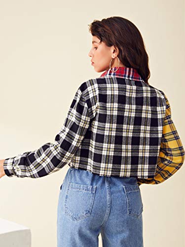 SweatyRocks Women's Cute Color Block Long Sleeve Crop Tops Plaid Button Down Blouse2