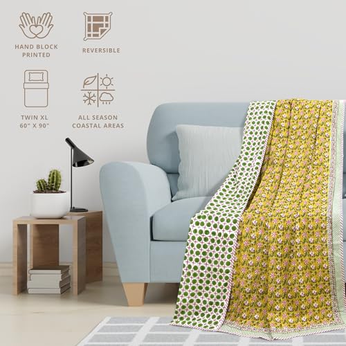 Image of TOAIArt Premium Jaipuri Dohar | AC Blanket Summer Quilt | Hand Block Printed | 3 Layers | Reversible | 150GSM 100% Mulmul Cotton | 100% Cotton Flannel Filling | Single 60 inch X 90 inch |Pink Floral Pond