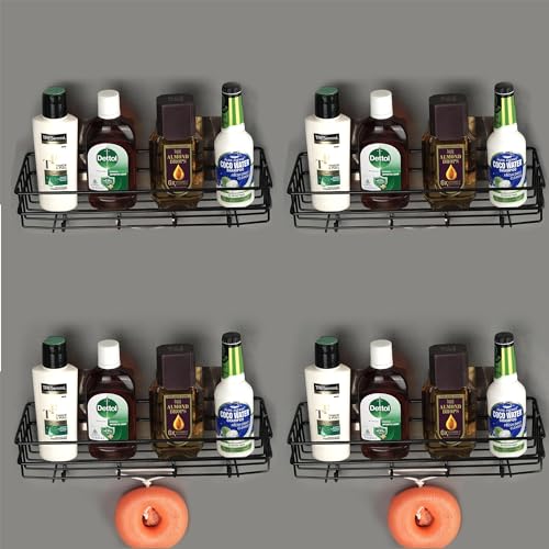 Image of Arena Metal Wall Shelves Kitchen Bathroom Shelf Self-Adhesive Sticker Hook Multipurpose Wall Holder Bathroom Storage Rack Box Strong Shower Rack Shelf (4 Shelves, Black)