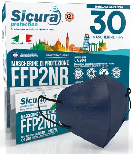 30 mascarillas FFP2 certificadas CE AZUL con elásticos negros SICURA logotipo en relieve BFE ≥99% Fabricado en Italia SANITIZADO y sellado individualmente