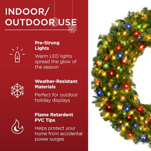 Image of Best Choice Products 60in Large Artificial Pre-Lit Fir Christmas Wreath Holiday Accent Decoration w / 375 Multicolor Lights, 930 PVC Tips