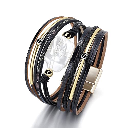 Image of Fesciory Leather Wrap Bracelets for Women, Boho Leopard Multi-Layer Crystal Beads Cuff Bracelet Jewelry