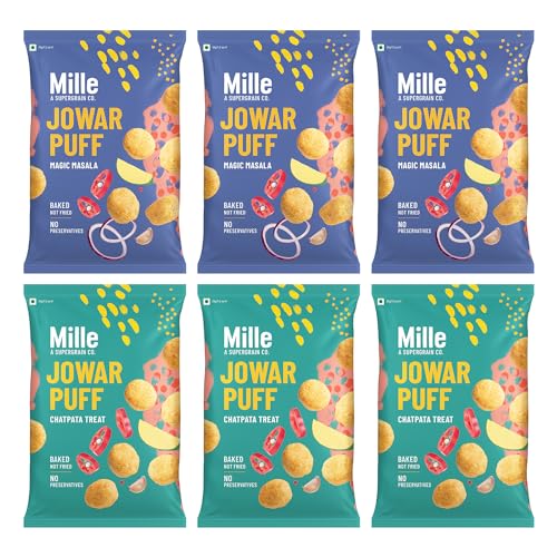 Image of Mille Not Fried Jowar Puffs Combo - Magic Masala & Chatpata Treat, Naturally Gluten Free, No Preservatives, Healthy Ready to Eat Millet Snacks, 35g x 6