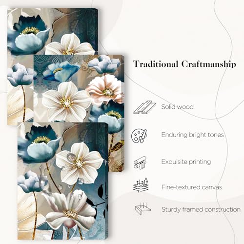 SERIMINO Large Canvas Wall Art for Living Room, Blue Floral Pictures Wall Decor for Dining Room Bedroom Bathroom Kitchen 3 Pieces Lotus Flower Print Painting for Home Decorations 20"X28"