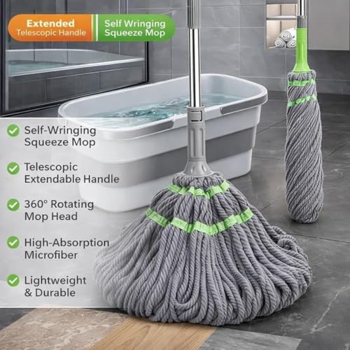 Image of Microfiber Twist Mop with Self Wringing Squeeze - Grey | Telescopic Extendable Long Handle | 360 Rotating Floor Mop for Wet & Dry Cleaning | Ideal for Tiles, Marble & Wooden Floors