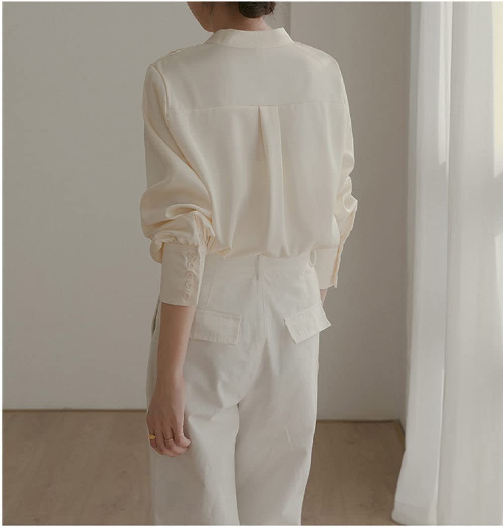 Camisas De Mujer,Blusa Elegante con Cuello En V para Mujer Camisa Túnica Blanca De Satén Camisa De Manga Larga Blusa De Gasa Camisa De Verano Chaqueta De Oficina Informal Blusa De Negocios para Dama