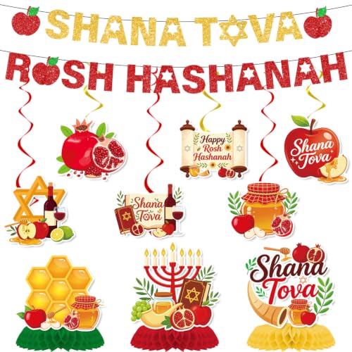 Image of Gameza Happy Rosh Hashanah Decorations - 11PCS Rosh Hashanah Glitter Party Banners Hanging Swirls Honeycomb Centerpieces, Shana Tovah Jewish New Year Festival Holiday Party Supplies Decor