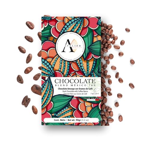 Atelier 1534 | Chocolate Amargo 70% CON CAFÉ TOSTADO barra de 90grs | Chocolate Natural elaborado de forma Artesanal con Cacao Sustentable | Libre de Gluten | Apto para Veganos