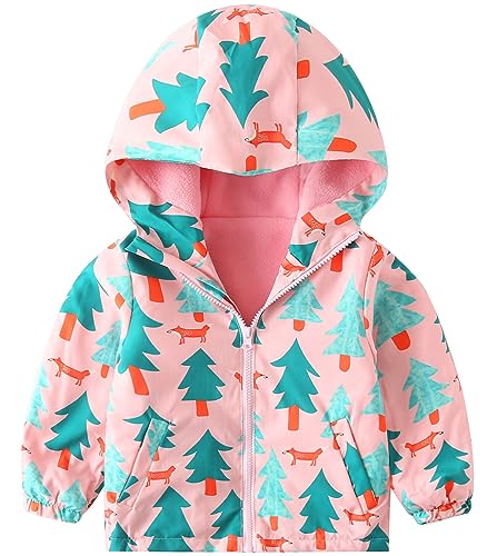 Happy Cherry Kid Waterproof Rain Jacket Hoodie Windbreaker Toddler Long Sleeve Zipper Jackets Baby Girls Fleece Lining Hooded Coat Outwear for Winter Fall 18-24 Mon