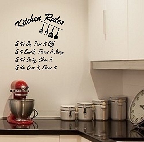 BERRYZILLA Kitchen Rules Decal Words Wall Saying Sticker Home Decor (Black)