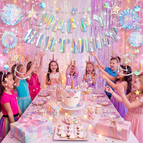 Image of Knitgrip 23 Pcs Pre-strung Iridescent Birthday Decorations Aurora Holographic Party Decor with Hanging Honeycomb Ball Paper Fan Star Garlands Swirl Decorations for Wedding Party Home