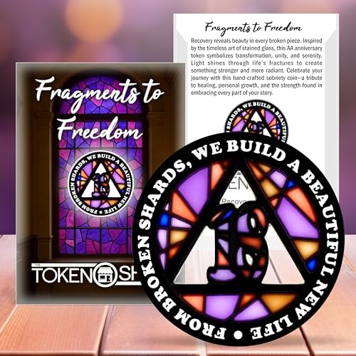 Image of Stained Glass 18 Year AA Chip Sobriety Coin Medallion, Fragments to Freedom Alcoholics Anonymous Addiction Recovery Anniversary Token, Inspirational Sober Gifts for Men and Women by the Token Shop