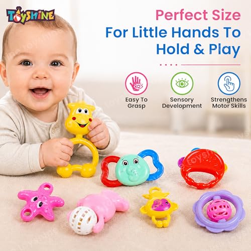 Image of Toyshine Pack of 7 Rattle Set with Teathers for Newborn Babies, Toy for Babies, Non-Toxic, Plastic, Multi-Colored