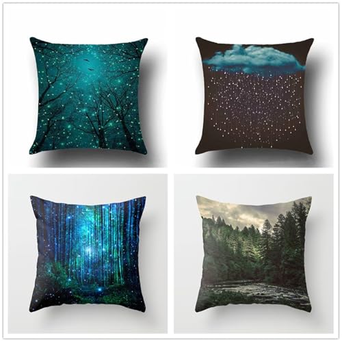 Tainrun Fundas de Cojines 50x50cm Cielo Estrellado Árboles Decorativo Cuadrado Lanzar Cubiertas,Terciopelo Suave con Cremallera Invisible para El Hogar Sofá Coche Dormitorio,Pack De 4