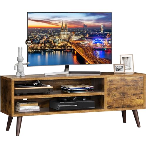Retro TV Stand with Storage for TVs up to 55 In, Rustic Brown TV Stand for Media, Mid Century Modern TV Stand & Entertainment Center with Shlef，Wood TV Console Table for Living Room Bedroom, APRTS01