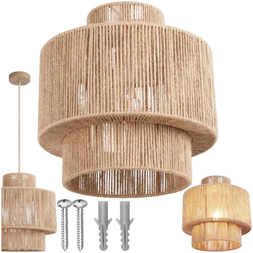 tectake® Lampara Techo Dormitorio Boho Artesanal en Yute Sostenible con Estructura de Acero, Lámpara de Techo Colgante Salón 40 W, Lampara Salon, Plafon - 32 x 32 x 33 cm