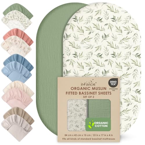 Image of Infancie 100% Organic Cotton Muslin Baby Bassinet Baby Sheet 33 X 17 Inch Soft Breathable Lightweight Stretchable Bed Sheet 2 Pack Gentle On Skin Durable Snug Fit Sheet for Newborn Bassinet Mattress