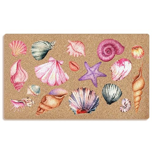 Mingnei Coastal Preppy Beach Coco Coir Doormat Door Mat for Home House Entrance, Ocean Coastal Beach Pink Seashell Conch Floor Mats for Outdoor Outside Entryway 30x17 Welcome Mat