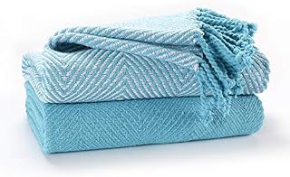 EHC Luxury Pack of 2 Chevron Cotton Single Sofa Throw Blanket, 125x 150cms - Orange