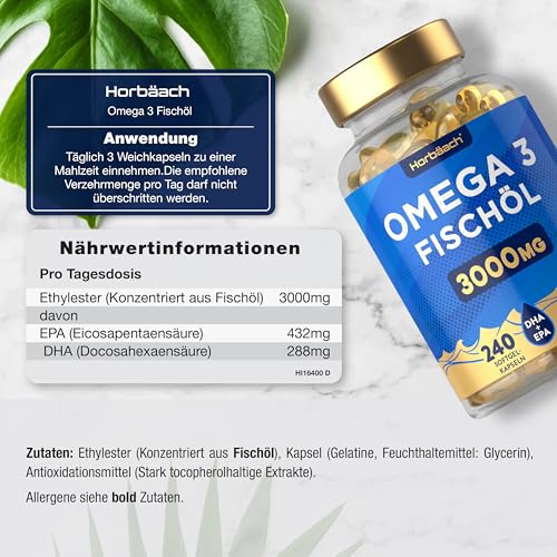 Omega 3 Kapseln Hochdosiert | 3000mg Fischöl Supplement mit EPA und DHA | 1000 mg Fish Oil pro Kapsel | 240 Stück | Horbaach – Bild 4