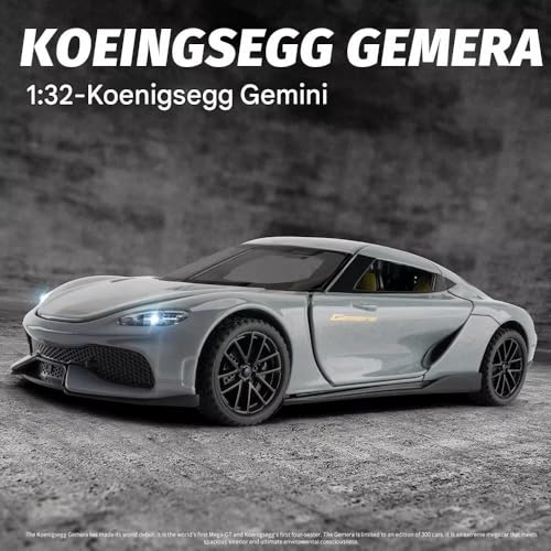 Image of FEXXA 1:32 Scale Koenigsegg Gemera Die-Cast Metal Car with Sport car Openable Doors Light and Sound,Pull Back Function Indoor Outdoor Toy for Kids (Grey)