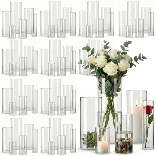Wehomai 72pcs Glass Cylinder Vases for Centerpieces 4 6 8 10 Inch Clear Flower Vases for Wedding Decorations and Indoor Home Decor Hurricane Candle Holder for Table Shelf Party