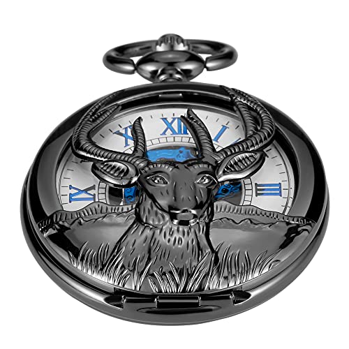 Image of Men's Black Arabic Numerals Mechanical Pocket Watch with Chain,Mechanical Pocket Watches for Men