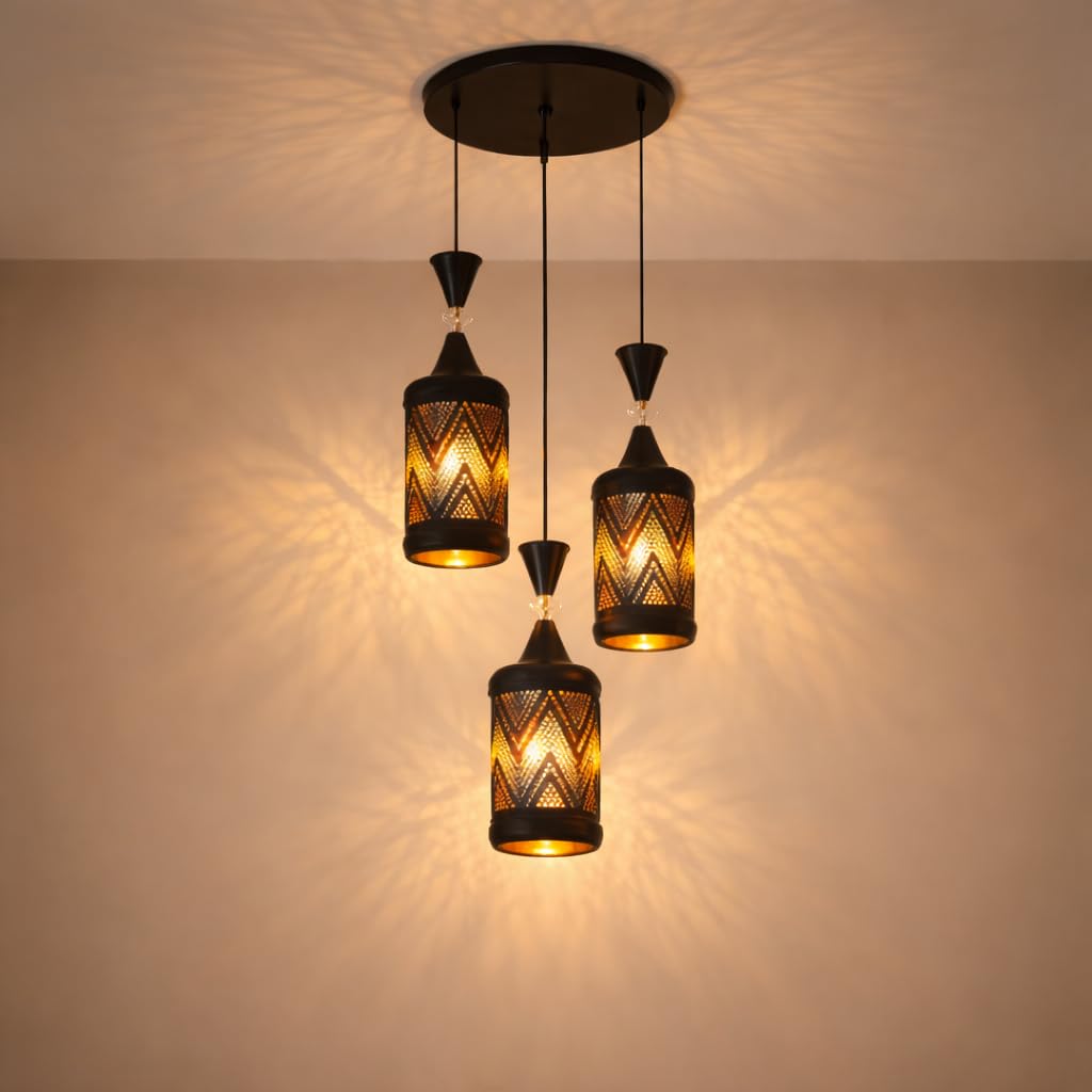Modern Moroccan Cutwork Metal Hanging Pendant Light, Warm Ambient Ceiling Lamp for Living Room, Bedroom, Dining Area, Black Finish, E27 Holder (BK_Cylinder_Cluster)-image-43