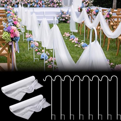 Tudomro 10 Pack Wedding Aisle Decoration Include 2 Rolls 30" x 20 ft White Wedding Draping Fabric 8 Pack 31.5" White Shepherds Hooks for Outdoor Church Pew Ceremony Bridal Shower Reception Decorations