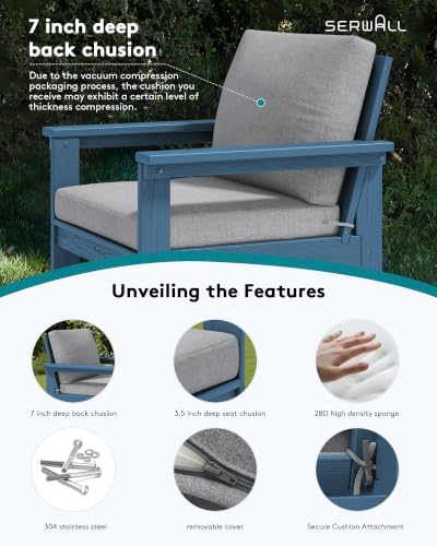 Image of SERWALL HDPE Outdoor Patio Furniture Set Outdoor Couch | All Weather Outdoor Sectional with Coffee Table, Blue Frame & Gray Cushions