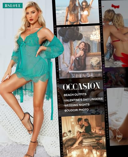 Image of RSLOVE Women Sexy Lingerie Set 3 Piece Babydoll & Lace Kimono Robe Strap Chemise Sleepwear Mesh Nightgown