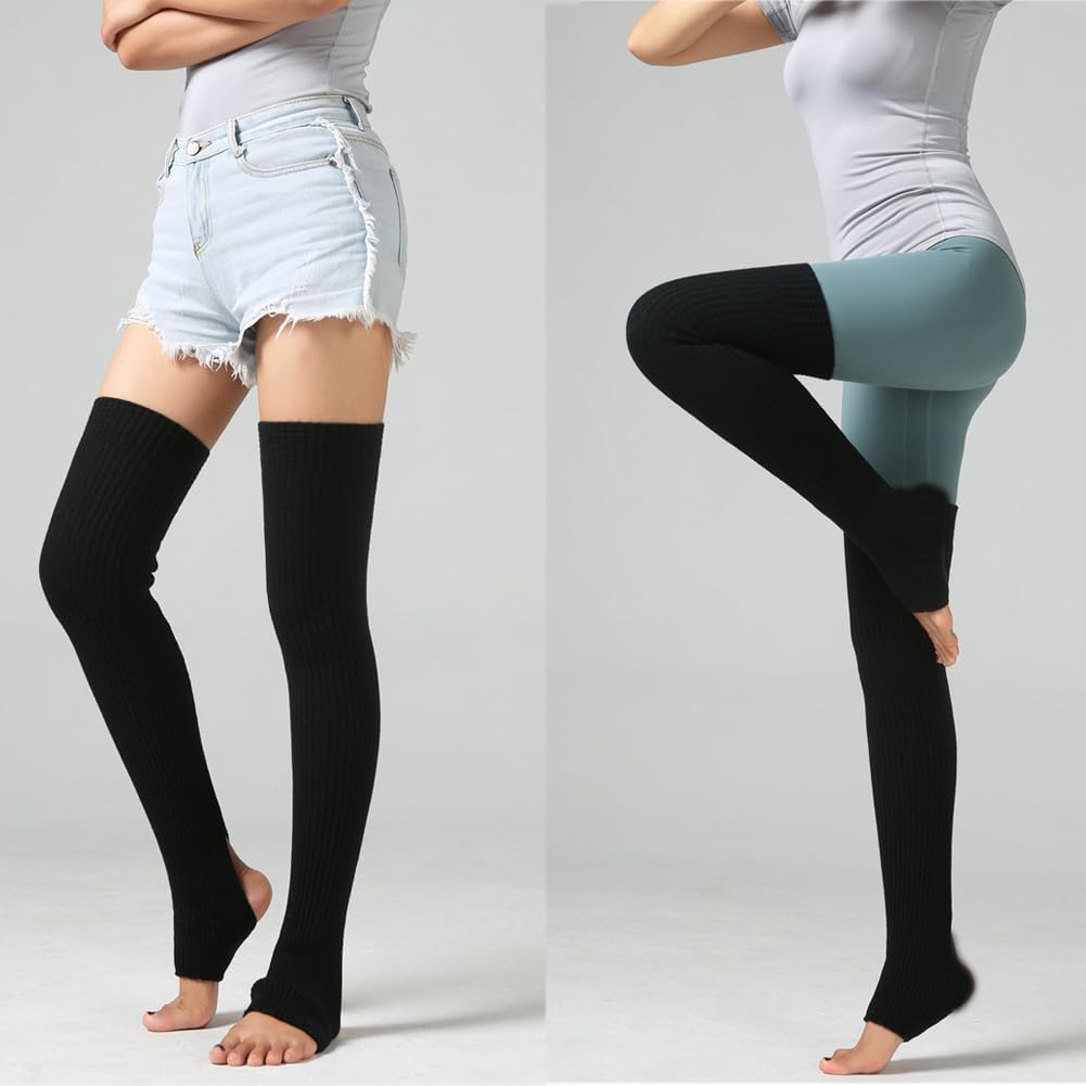 Women Knee-High Knit Leg Warmers Over Knees Footless Ribbed Boot Socks Stretchy Winter Yoga Warmer(Black)