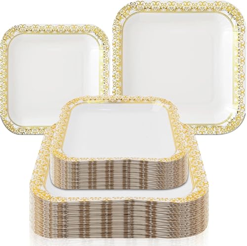 Lot de 100 Assiettes en Papier à Bord Doré, 50 Assiettes de 23 cm et 50 Assiettes à Dessert de 18 cm, Design Élégant à Bord Doré, Jetables et...