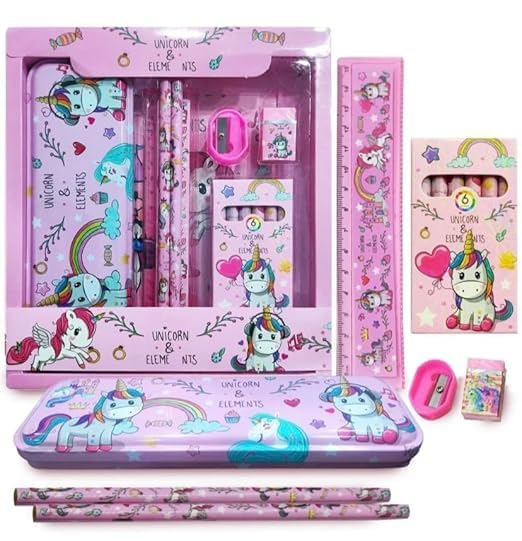 Image of Pack of 6 sets- Unicorn Themed Stationery Set for Kids party I Kit with Pencil box, Pencils, Eraser, Ruler, Sharpener & caryons - Birthday Return Gifts in bulk for Girls 3-10 Years.