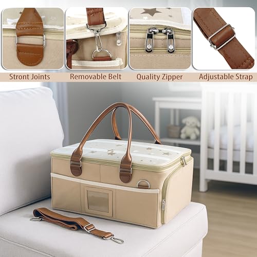 Image of Storite Diaper Caddy Organizer Bag with Lid & Detachable Shoulder Strap | Baby Essentials Storage Basket for Newborns | Multiple Compartments (Beige, 37x26x18 Cm) | Detachable Shoulder Strap, Baby Essentials Storage Basket for Newborns, Multiple Compartments