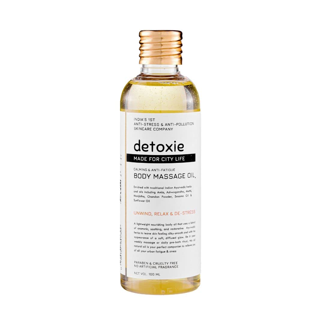 Detoxie Anti-Fatigue Body Oil | Lightweight, 100% Ayurvedic Oil | Softens & Nourishes | Amla, Ashwagandha, Methi, Manjistha, Chandan Powder & Sesame Oil | All Skin Types | 100ml