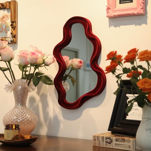 Mirror Wall Decor for Home Office Apartment, Asymmetrical Decorative Mirror for Entryway Porch Fireplace, Irregular Hanging Wall Art Sculpture for Christmas (Wine Red) - Image 3