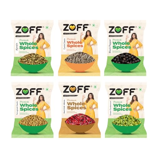Image of Zoff Whole Powder Masala Combo - Cumin, Red Chilli, Black Pepper, Green Cardamom, Fenugreek Seeds & Ajwain - Authentic Indian Spices for Cooking, Seasoning, and Flavoring