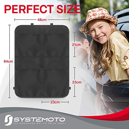 Systemoto Auto Rücksitz Organizer mit 4 Großen Taschen (1 Stück) - Autositz Organizer mit Trittschutz - Sitzschutz für Auto Rückenlehne - Vordersitz Schutz Kinder - Sitz-Schoner, Kickmatte (Schwarz)