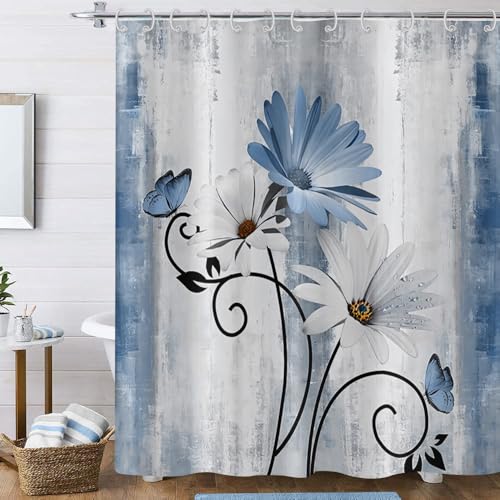 Hnmdmyi Cortina de Ducha Flores de Granja 180x200, Rústico Azul Flores de Margarita y Mariposa en el País Tabla de Madera Tejido de Poliéster Impermeable Lavable Cortina de Baño con Gancho