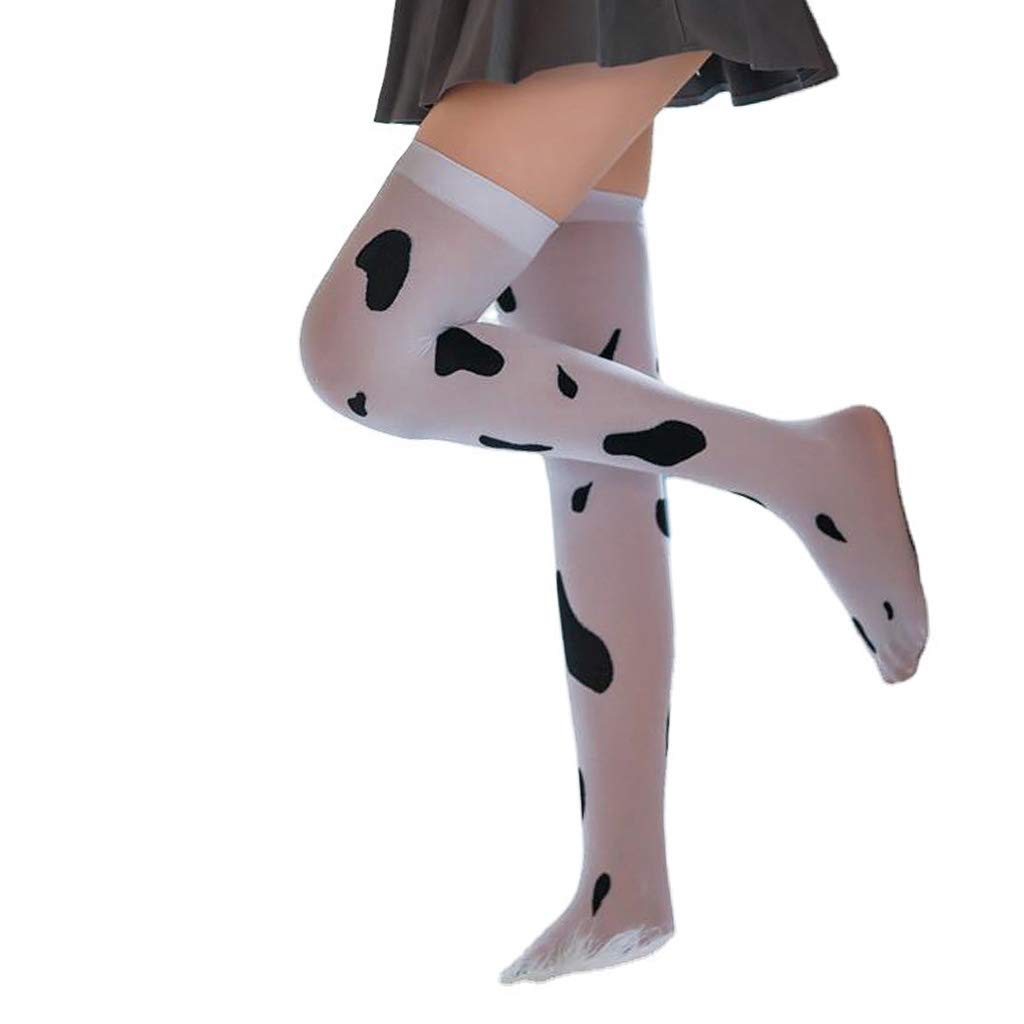 Kelisdi Women Cow Spotted Print Thigh High Stockings Silky Over The Knee Long Socks Hosiery Anime Cosplay Costume Accessory Stockings