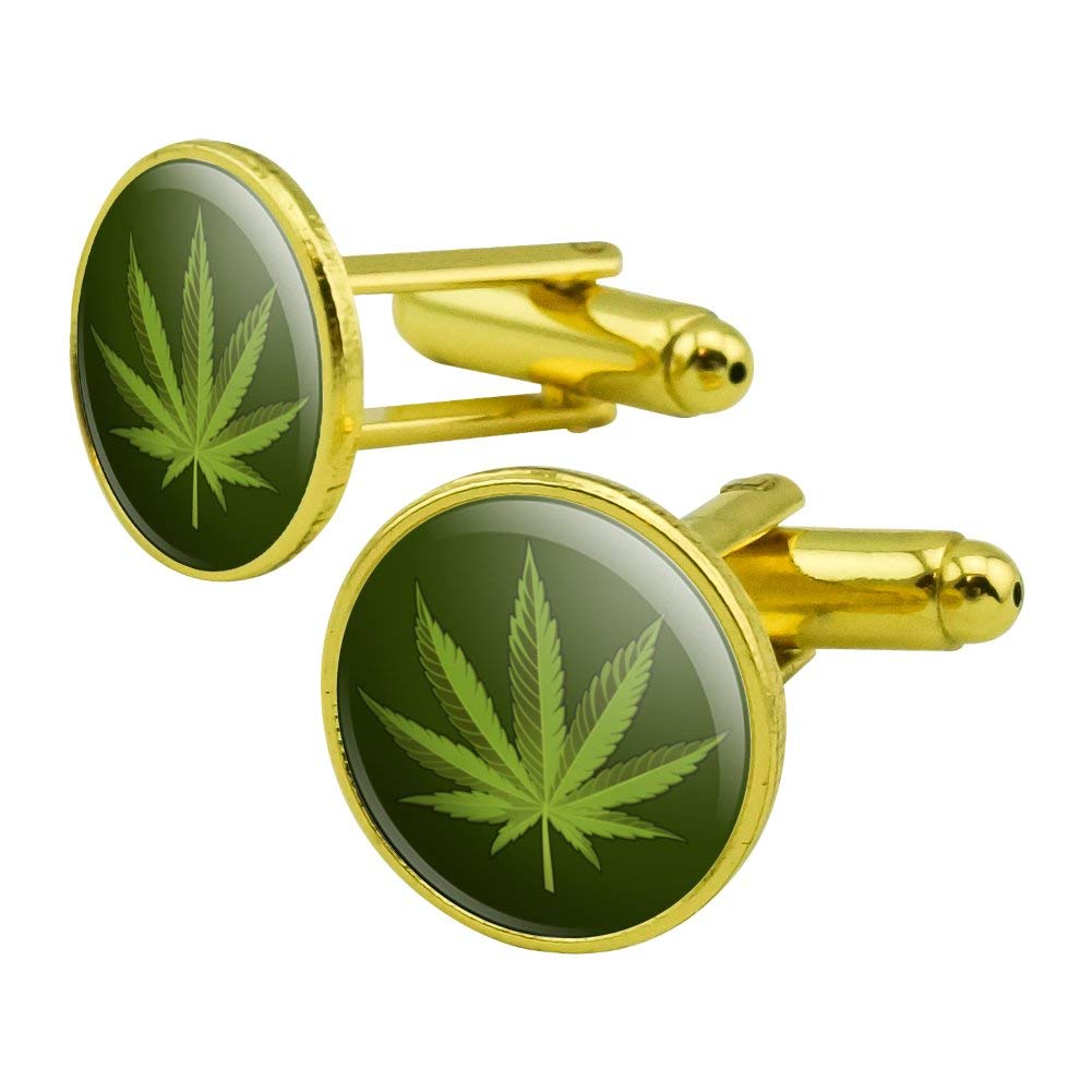 GRAPHICS & MORE Marijuana Leaf Design Cannabis Pot Round Cufflink Set Gold Color